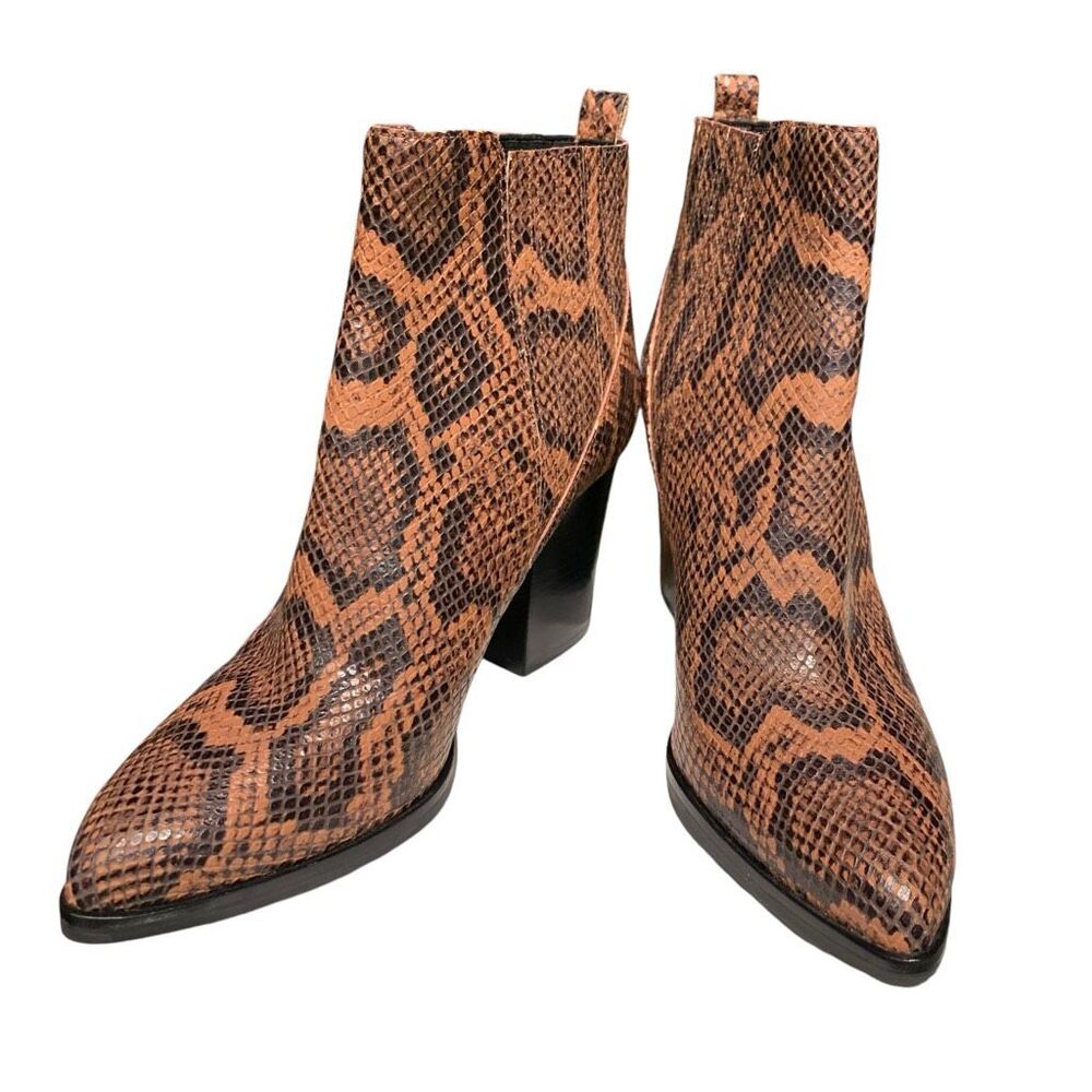 Marc Fisher Snakeskin Print Ankle Boot Alva 2 Leather Block Heel Brown/Blk 8M